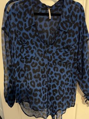 Free People Blue and Black Leopard Print Sheer Button-Down Blouse